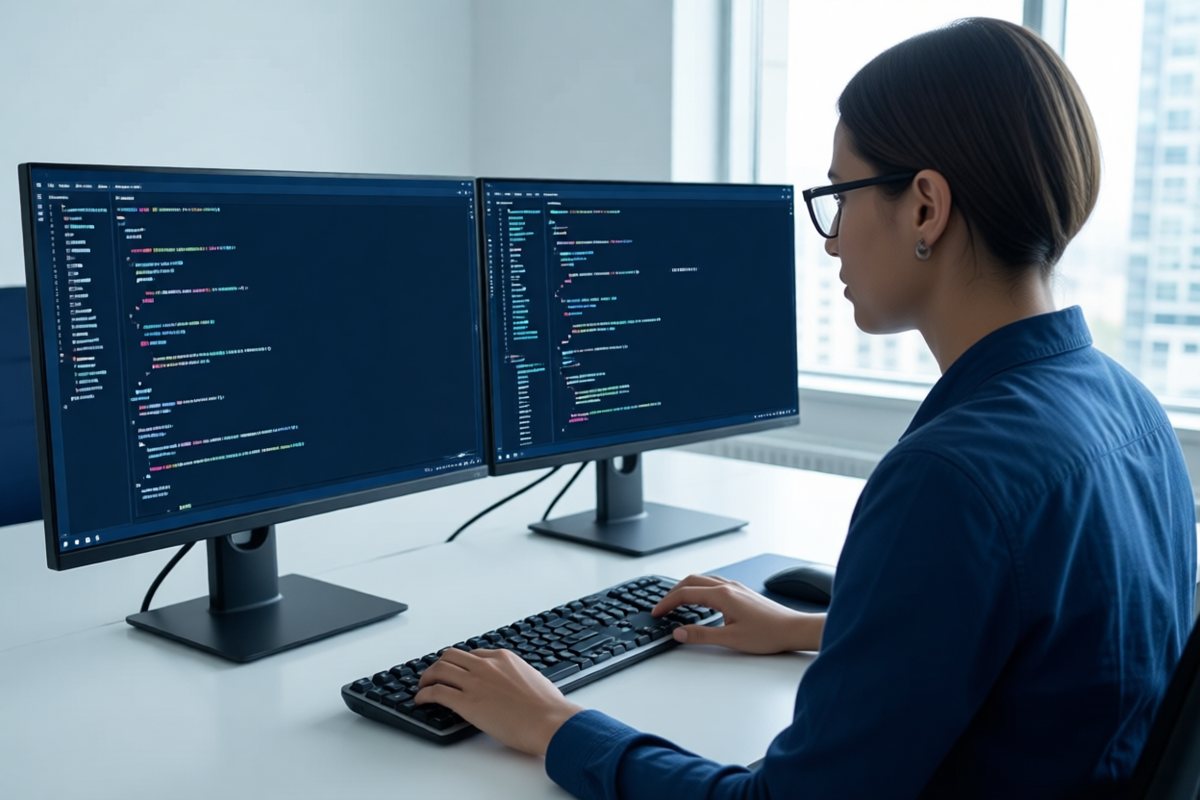 Разработчик работает с кодом на двух мониторах